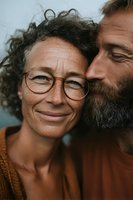 Happy mature couple embracing outdoors showing genuine love and connection in natural light with warm authentic smiles and intimate moment together.
