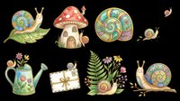 Whimsical snail characters with ornate shells, mushroom house, and botanical elements isolated on transparent background. Ready for t-shirt designs, stickers, clipart, and print-on-demand products.