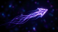 Glowing neon arrow pointing upward with flowing purple and blue light trails on dark background, representing growth, success, progress and financial increase for business concepts.
