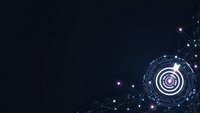 Futuristic digital network with glowing circular interface and connected nodes on dark blue gradient background for technology presentations.