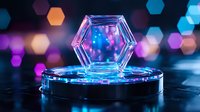Glowing hexagonal crystal on illuminated platform against blurred bokeh background in neon blue and purple colors creates futuristic atmosphere.