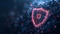 Glowing pink shield icon formed by connected dots and lines on dark background represents digital security and network protection in modern technology.