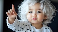 Young Asian child with striking white hair points upward, wearing musical note patterned shirt, expressing curiosity and wonder against dark background.