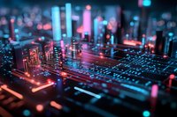 Glowing circuit board with neon blue and pink lights creating futuristic cyberpunk atmosphere, macro shot showing electronic components and pathways in dramatic lighting.
