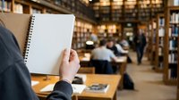 Person holding blank spiral notebook in library with students studying at tables and bookshelves in background, suitable for education and learning concepts.