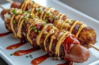 Grilled chicken skewer with spicy mayo drizzle, chopped green onions and sweet chili sauce on white rectangular plate, close up view of Asian fusion cuisine.