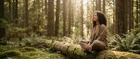 Young woman with curly hair meditating peacefully on moss-covered log in sunlit forest. Serene nature scene with golden light filtering through trees.