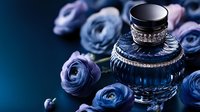Luxury perfume bottle surrounded by blue ranunculus flowers on dark background for cosmetics and fragrance advertising campaigns.