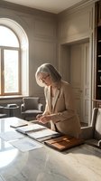 Senior woman with white hair and glasses wearing beige blazer reviewing documents at marble desk in elegant office with arched window, suitable for business and professional concepts.