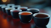 Row of black ceramic cups filled with various types of tea in warm ambient lighting, creating moody atmosphere for tea ceremony or tasting experience.