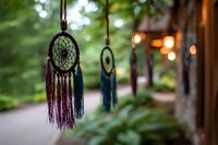 Colorful dreamcatchers with vibrant tassels hanging outdoors against blurred natural background with warm glowing lights and green foliage creating magical atmosphere.
