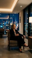 Middle-aged woman in formal black business suit seated in modern office chair, gazing toward city skyline at night. Contemporary high-rise interior with floor-to-ceiling windows, warm ceiling lights, and blurred urban lights backdrop. Professional corporate environment.