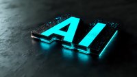 Glowing neon blue AI letters with sparkling particles on dark textured surface create modern technological atmosphere for artificial intelligence concepts.