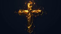 Glowing golden cross with geometric polygonal design and light particles on dark background, modern religious symbol with abstract digital art style.