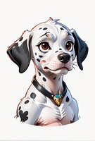 Adorable Dalmatian puppy portrait with expressive brown eyes and black collar wearing heart-shaped tag on white background, stylized cartoon art illustration.