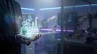 Businessman holding holographic factory model with digital interface in modern office environment showcasing industrial technology and smart manufacturing concepts.