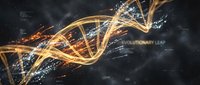 Golden DNA double helix structure with glowing particles and data streams for biotechnology research and genetic science concepts.