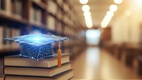 Digital graduation cap hologram floating above stack of books in library, representing online education, e-learning technology and academic achievement.