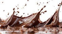 Dynamic chocolate waves splashing and creating artistic shapes against white background, rich brown liquid in motion with droplets and ripples for food industry.