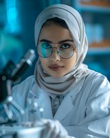Young Middle Eastern female scientist in hijab and glasses working with microscope in modern laboratory with blue lighting atmosphere.