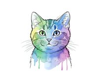 Watercolor cat portrait with rainbow colors dripping effect isolated on white background for creative design projects and pet-themed artwork.