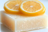 Fresh orange slices on handmade soap bar with natural citrus ingredients, close up macro shot showing texture and translucent details against white background.