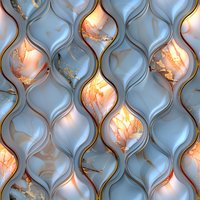 Luxurious marble pattern with glowing gold and gray waves creates elegant seamless texture. Illuminated ornamental design with curved teardrop shapes and metallic accents.