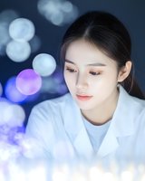 Young Asian female medical professional in white coat with soft bokeh lights creating dreamy atmosphere. Professional portrait with purple and blue illumination effects.