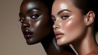 Two fashion models with glowing skin and professional makeup in contrasting skin tones showcase modern beauty trends in dramatic studio lighting for cosmetic advertising.