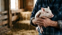Senior male farmer in plaid shirt holding young piglet in barn setting. Livestock care and agricultural work concept for farming industry.