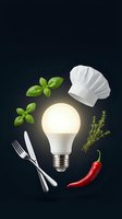 Creative culinary innovation concept with glowing lightbulb surrounded by chef hat, fresh herbs, silverware and chili pepper on dark background.