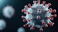 Microscopic view of virus cell with distinctive red spike proteins on gray spherical surface against dark background, scientific medical visualization.
