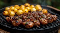 Grilled marinated pork tenderloin with golden baby potatoes on barbecue grate. Juicy meat garnished with fresh herbs shows perfect char marks and caramelization.