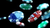 Colorful casino poker chips floating in dark space with dramatic lighting and depth of field effect, creating dynamic gambling atmosphere.