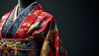 Traditional red silk kimono with ornate floral patterns and navy blue obi sash against dark background, showcasing intricate Japanese textile craftsmanship and design details.