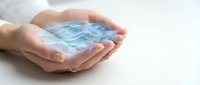 Caucasian hands holding glowing blue water or liquid energy, representing technology, innovation, sustainability, and environmental conservation concepts for business and science applications.