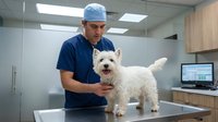 Male veterinarian in blue scrubs and cap examining white small breed dog on examination table in modern clinic setting with computer and medical equipment.