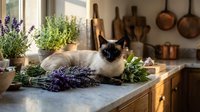 Siamese cat resting among fresh lavender bundles on rustic kitchen counter with herbs and copper cookware creating cozy farmhouse cooking atmosphere.