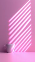 White ceramic mug on pink surface with diagonal neon light stripes creating shadow pattern on wall, minimalist aesthetic for modern design projects.