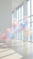 Pastel colored smoke cloud floating in a bright modern interior with large windows and sunlight on concrete floor.