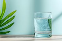 Glass of pure sparkling water with condensation drops on mint green background with palm leaf shadow and wooden table, fresh drink concept.