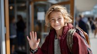 Cheerful young student with blonde hair waving hello, wearing burgundy jacket and backpack in school hallway. Represents education, friendship, and positive school environment.