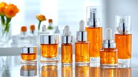 Orange cosmetic bottles and dropper containers with serum on reflective surface, elegant skincare product line with calla lily flowers in background.