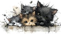 Adorable watercolor illustration of three playful kittens peeking over edge, featuring black and calico cats with expressive eyes and fluffy fur in artistic ink style.