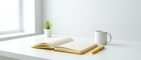 Minimalist workspace with open notebook, yellow pencil, potted succulent plant, and white mug on clean desk near window for creative writing and office design projects.