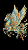 Ornate winged mythical horse with gold, blue, and green decorative details, isolated on transparent background. Ready for t-shirts, clipart, stickers, and print-on-demand designs.