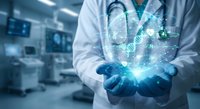 Medical professional holding glowing DNA helix with digital health icons in modern hospital laboratory for healthcare technology and genetic research.