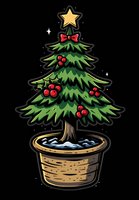 Decorated Christmas tree in wooden pot with red bow, star topper and berries on black background. Isolated cartoon style illustration for holiday designs.