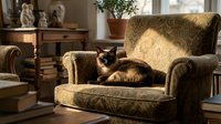 A tortoiseshell cat relaxes on a patterned armchair in a sunlit living room with vintage furnishings and decor.