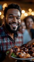Happy African American man enjoying grilled chicken wings at restaurant with warm bokeh lights and friends in background for dining and social concepts.